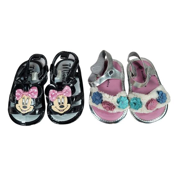Infant Shoes Size 3 Baby Sandals 9-12 mos Black Minnie Mouse Silver Boho Flower - Picture 1 of 11